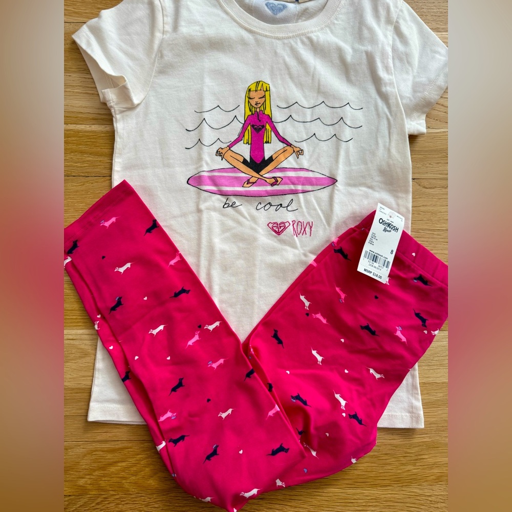 NWT Oshkosh Girl’s Leggings Pink Dachshund Sz 8 & NWOT Roxy T shirt.